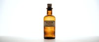 Vintage amber glass medicine bottle with cork stopper and elixir label on white background, isolated for pharmaceutical and apothecary design projects.