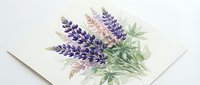 Watercolor lupine flowers bouquet with purple blooms and green leaves on white paper background for botanical art, wedding invitations and floral designs.