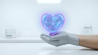Medical professional holding glowing digital heart hologram in modern healthcare facility representing telemedicine and digital health innovation.