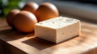Fresh tofu block on wooden cutting board with brown eggs in soft natural lighting, casting gentle shadows. Healthy protein ingredients for Asian cuisine.