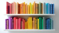 Colorful books arranged in rainbow spectrum order on white shelves against light wall, creating vibrant gradient display for modern home library or bookstore decor.