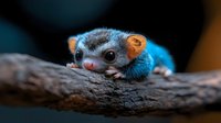 Adorable sugar glider marsupial resting on tree branch at night, close up portrait with big eyes and cute expression in blue moonlight atmosphere.