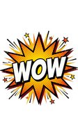 Comic book style WOW explosion burst with halftone dots and radiating lines on white background for graphic design and promotional materials.