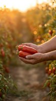 Farmer hands holding fresh red tomatoes at sunset in organic garden with warm golden light and bokeh background for harvest season agriculture concepts.