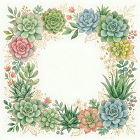 Watercolor succulent frame with colorful plants and gold accents on white background, isolated design element for wedding invitations and botanical projects.
