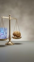 Golden balance scale weighing human brain against artificial intelligence technology symbols representing ethics debate between human cognition and AI advancement.