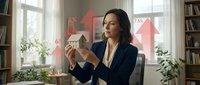 Young woman with dark hair and olive complexion, wearing professional navy blazer, holding cardboard house model in bright office with windows, bookshelves, plants, and red upward arrows indicating growth, real estate success.