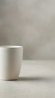 Minimalist white ceramic cup on neutral concrete surface with soft gray blurred background, suitable for beverage, lifestyle, and product mockup designs.