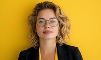 Young blonde woman with glasses and wavy hair wearing black blazer over yellow top against bright yellow background, conveying professional confidence.