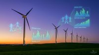 Wind turbines generating renewable energy with digital data analytics charts displaying performance metrics against sunset sky for sustainable technology monitoring.