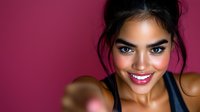 Young mixed race woman with bright smile and blue eyes against burgundy background, wearing black top. Natural makeup and messy bun hairstyle for beauty and lifestyle content.