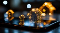 Glowing digital house silhouettes on smart device screen with bokeh lights, representing real estate technology, smart home automation and property market.