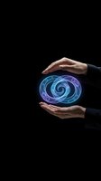 Hands protecting glowing blue spiral energy symbol on black background representing innovation, technology, and digital transformation concepts.