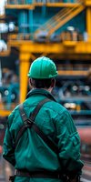 Industrial worker in green protective uniform and hardhat at construction site with yellow crane in background. Perfect for workplace safety, construction industry, or labor concepts.