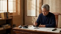 Senior man with gray hair and light skin tone, wearing dark blue shirt, practicing calligraphy or brush painting at wooden desk in traditional studio setting with warm lighting and wooden furniture.