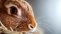 Close-up macro shot of ginger rabbit face showing detailed fur texture, bright eye, and pink nose against soft blurred background, suitable for pet care marketing.