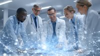 Diverse medical team analyzing digital hologram data visualization in modern hospital laboratory, innovative healthcare technology advancement.
