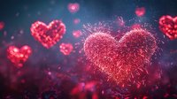 Glowing red heart shapes made of sparkling particles floating in dark space create romantic atmosphere for Valentine's Day designs and love-themed projects.