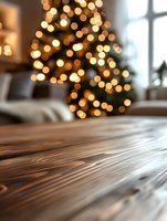 Wooden table surface in foreground with blurred Christmas tree lights creating magical bokeh effect in background, cozy holiday atmosphere for festive designs.