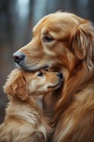 Golden retriever adult dog and puppy together, showing affection and bonding. Warm tones with blurred background. Suitable for pet care, family, love, and animal companionship concepts.