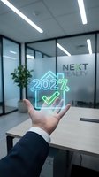 Businessman in dark suit holding glowing neon hologram with house icon and checkmark for real estate investment planning and future property development strategy.