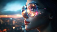 Futuristic round sunglasses reflecting urban sunset cityscape on young woman's face with dramatic lighting and bokeh effects, representing virtual reality and future technology.
