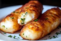 Pan-seared scallops with golden-brown crust garnished with fresh herbs on white plate, close-up view showing juicy texture and caramelized surface.