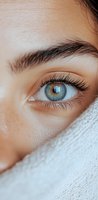 Close-up macro shot of bright blue eye with long eyelashes and defined eyebrow, partial face view wrapped in soft white fabric, showing natural beauty and skin texture.