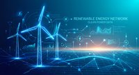 Wind turbines on digital grid with renewable energy network data visualization and glowing connections for sustainable technology concepts.