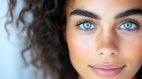 Close up portrait of young mixed race woman with bright blue eyes, natural curly dark hair, and glowing skin against light background. Makeup and beauty concept.