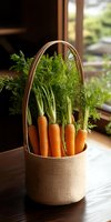Fresh organic carrots with green tops in rustic basket by window, natural lighting creates warm ambiance. Healthy farm vegetables for cooking and nutrition.