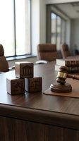 Wooden gavel and legal symbol blocks on lawyer desk in modern law office with leather chairs and large windows for justice and legal services.