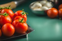 Fresh ripe red tomatoes with green stems on dark plate against emerald background, selective focus with soft bokeh effect for food photography.