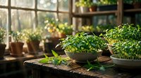 Young seedlings and herbs growing in pots on wooden table in sunlit greenhouse with windows, suitable for gardening, agriculture, and botanical content.