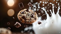 Chocolate chip cookie with milk splash and flying chocolate pieces in dynamic composition against dark background with bokeh lights and motion effect.