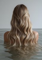 Back view of long wavy blonde hair on woman bathing in water, highlighting natural beachy waves and balayage coloring for hair salon advertising.