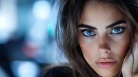 Young woman with striking blue eyes and natural makeup gazing intensely at camera against blurred background, dramatic lighting highlights facial features.
