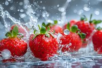 Fresh ripe strawberries with water splashes and droplets on blue background, dynamic food photography perfect for healthy lifestyle, summer refreshment and natural food concepts.