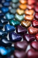 Colorful glittery heart shapes arranged in rainbow gradient pattern, featuring metallic blue, green, gold and red tones with sparkly surface texture and soft bokeh effect.