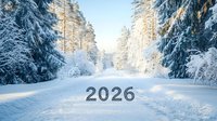 Snow covered winter forest path with 2026 text on fresh snow surface, sunlight streaming through frost covered pine trees creating magical atmosphere.