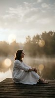 Young woman in white dress sitting on wooden dock at sunset with golden hour lighting and peaceful lake scenery for wellness and mindfulness concepts.