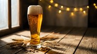 Fresh golden beer glass with foam on rustic wooden table with wheat stalks and warm string lights creating cozy pub atmosphere for oktoberfest celebration.