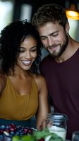 Young interracial couple sharing intimate moment in kitchen while preparing healthy breakfast with fresh berries and yogurt, expressing genuine joy and connection.