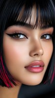 Close-up portrait of Asian woman with dramatic cat eye makeup, pink lips, and black hair featuring vibrant red highlights in modern bob cut hairstyle.