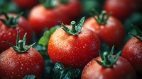 Fresh ripe red tomatoes with water drops and green stems in dark moody lighting, macro food photography for healthy eating and organic produce concept.