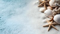 Seashells and starfish on sandy beach background with blue water gradient. Natural marine composition with copy space for summer holiday design.