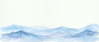 Watercolor mountain landscape with soft blue and purple peaks fading into misty horizon on white background for peaceful nature designs.