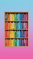 Colorful rainbow bookshelf with organized books arranged by color spectrum on gradient background for education and reading concepts.