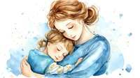 Watercolor illustration of mother embracing child, depicting maternal love and tenderness with soft blue tones and gentle brushstrokes.