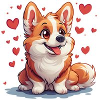 Adorable cartoon corgi puppy with happy expression surrounded by red hearts on white background, suitable for greeting cards and valentine designs.